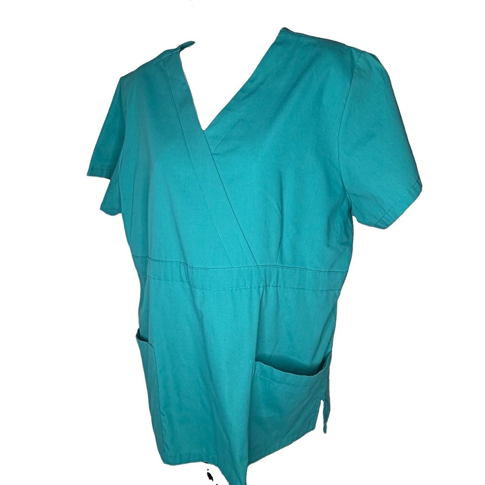 Butter Soft Women's 2 Pocket Empire Mock Wrap Teal Scrub Top EJ3 Large